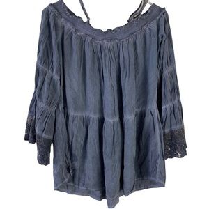 Andree Blue boho style cold shoulder lace sleeve relaxed fit blouse Size Large